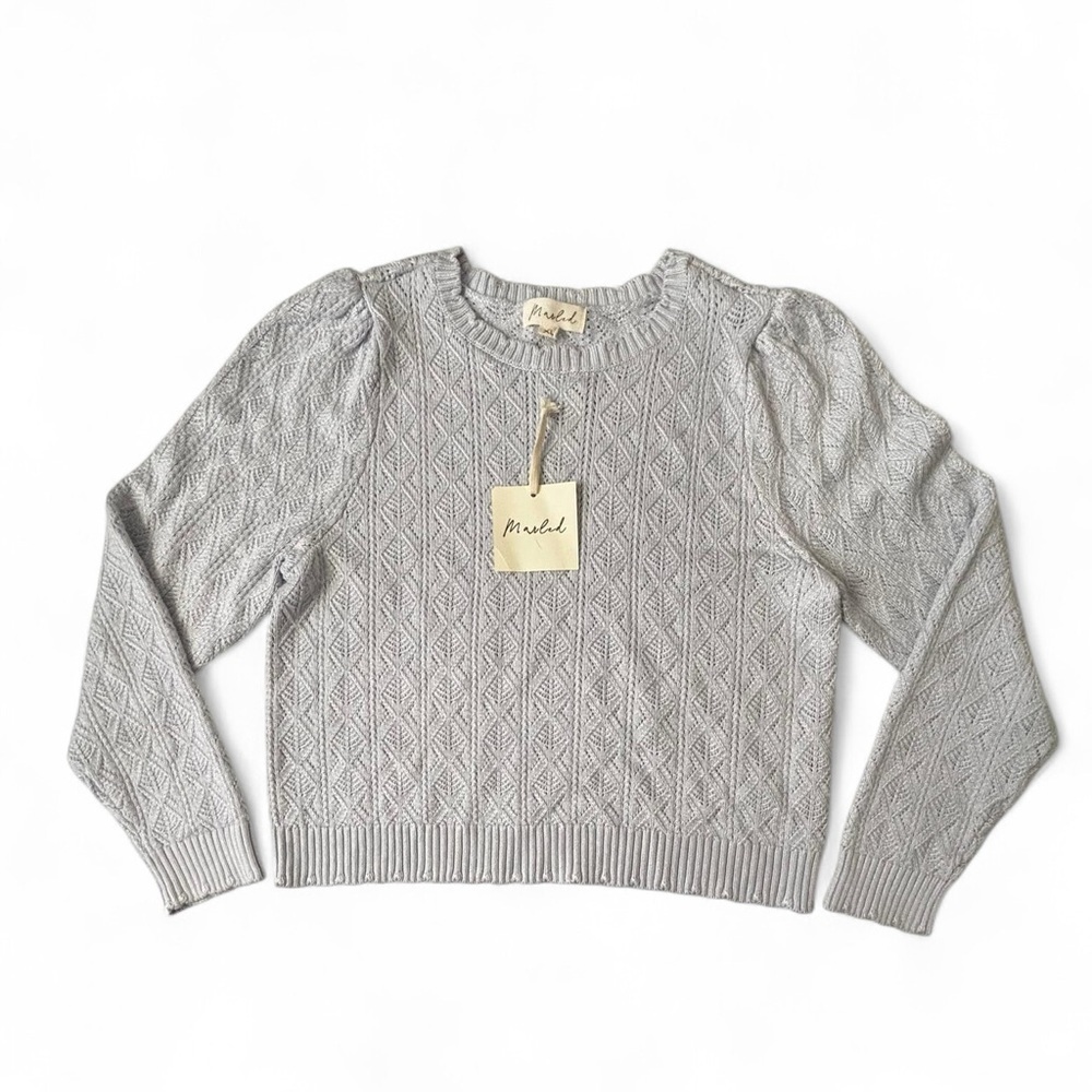 Marled Gray Puff Sleeve Knit Sweater XL Textured Lightweight